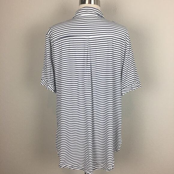 Chico's Navy  White Stripe Button Front Short Sleeve Top 2 - Picture 4 of 6